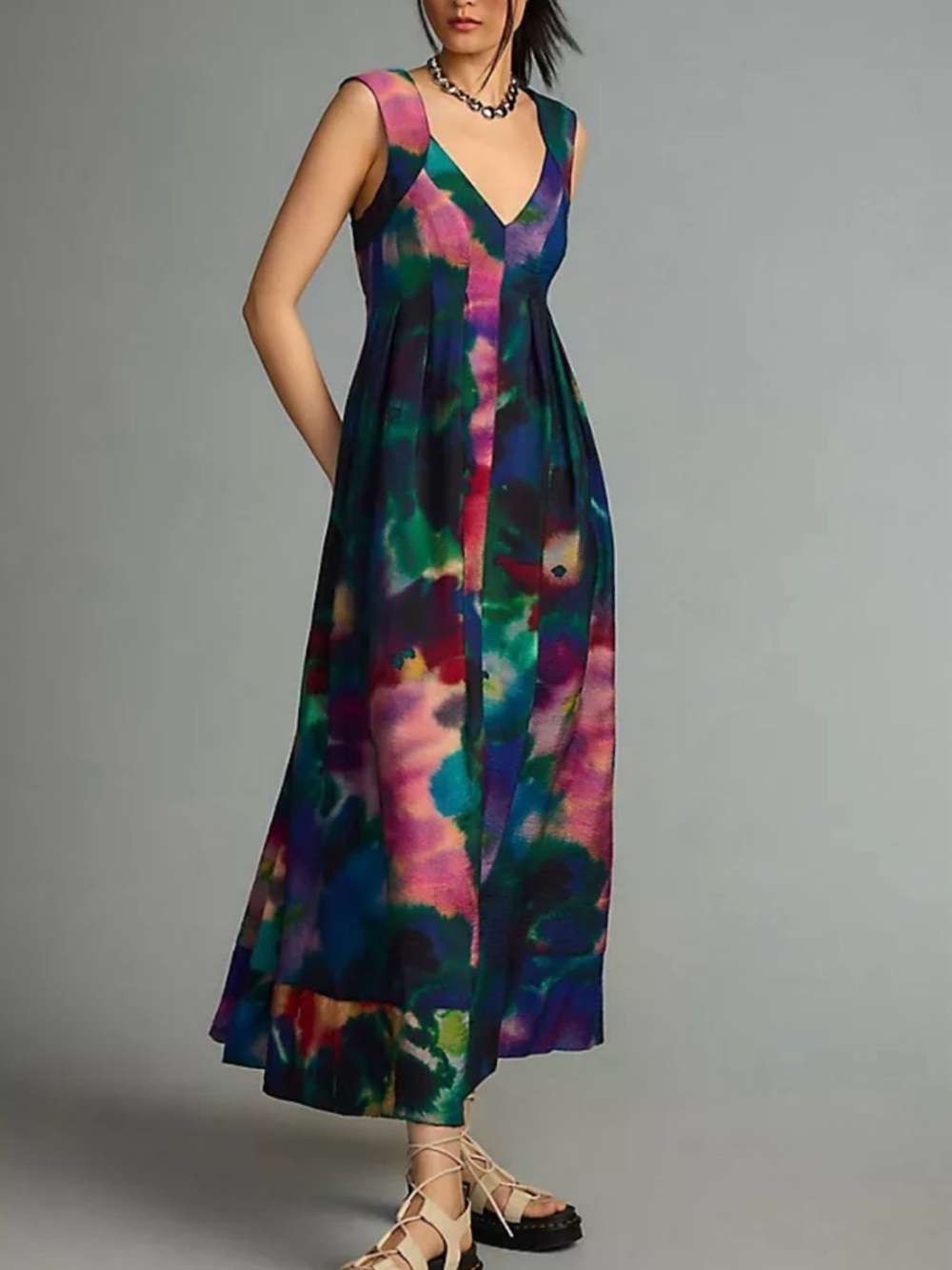 Anthropologie Multicolor Watercolor Maxi Dress (Purple, Green, Pink, Blue)